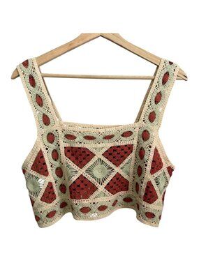 Boho Crochet Festival Beach Coastal Crop Top Cream Red Green M Cottagecore